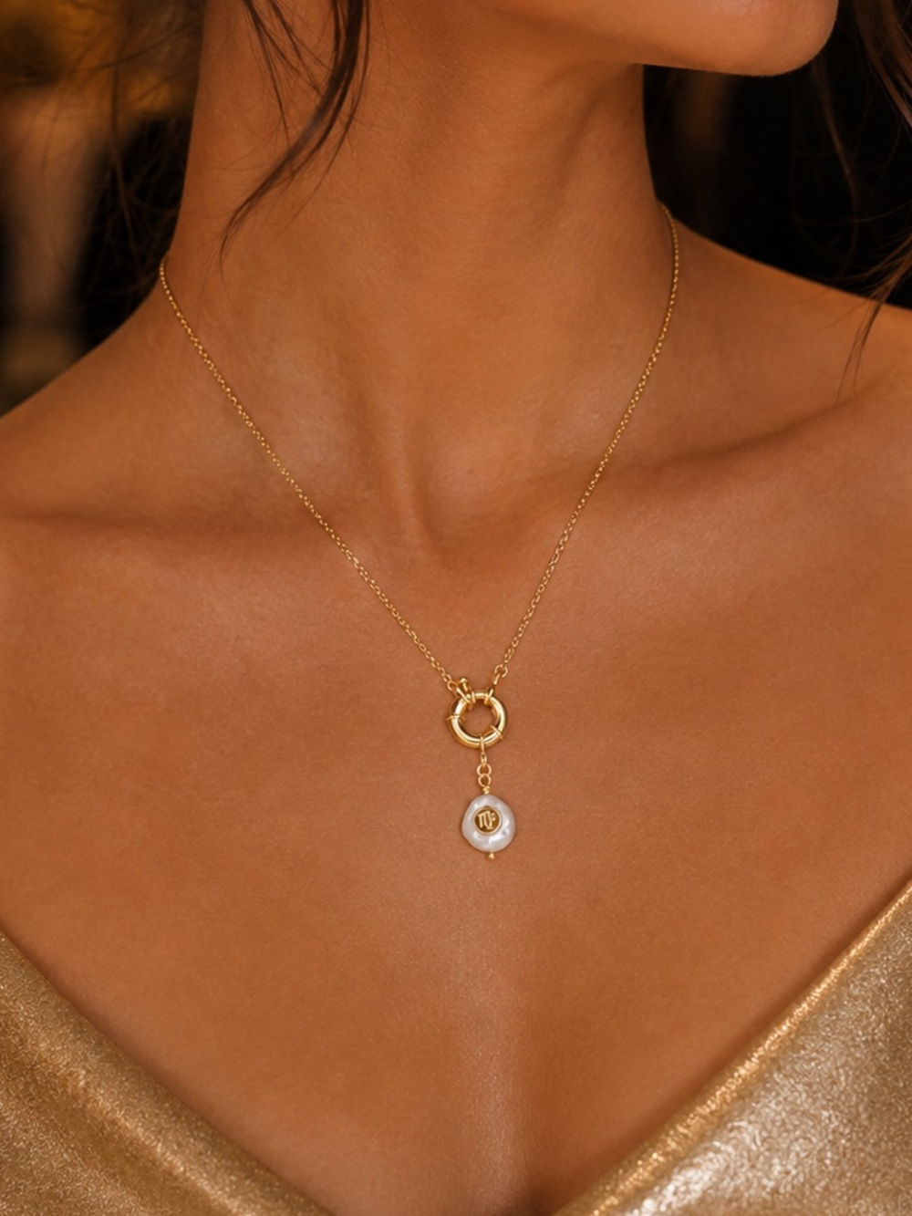 Virgo Zodiac Necklace with Freshwater Pearl Charm - 24k gold plating